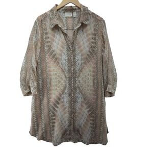 Chicos Size 3 XL Sheer Swirl Print Tunic Blouse 3/4 Sleeve Side Slit Boho